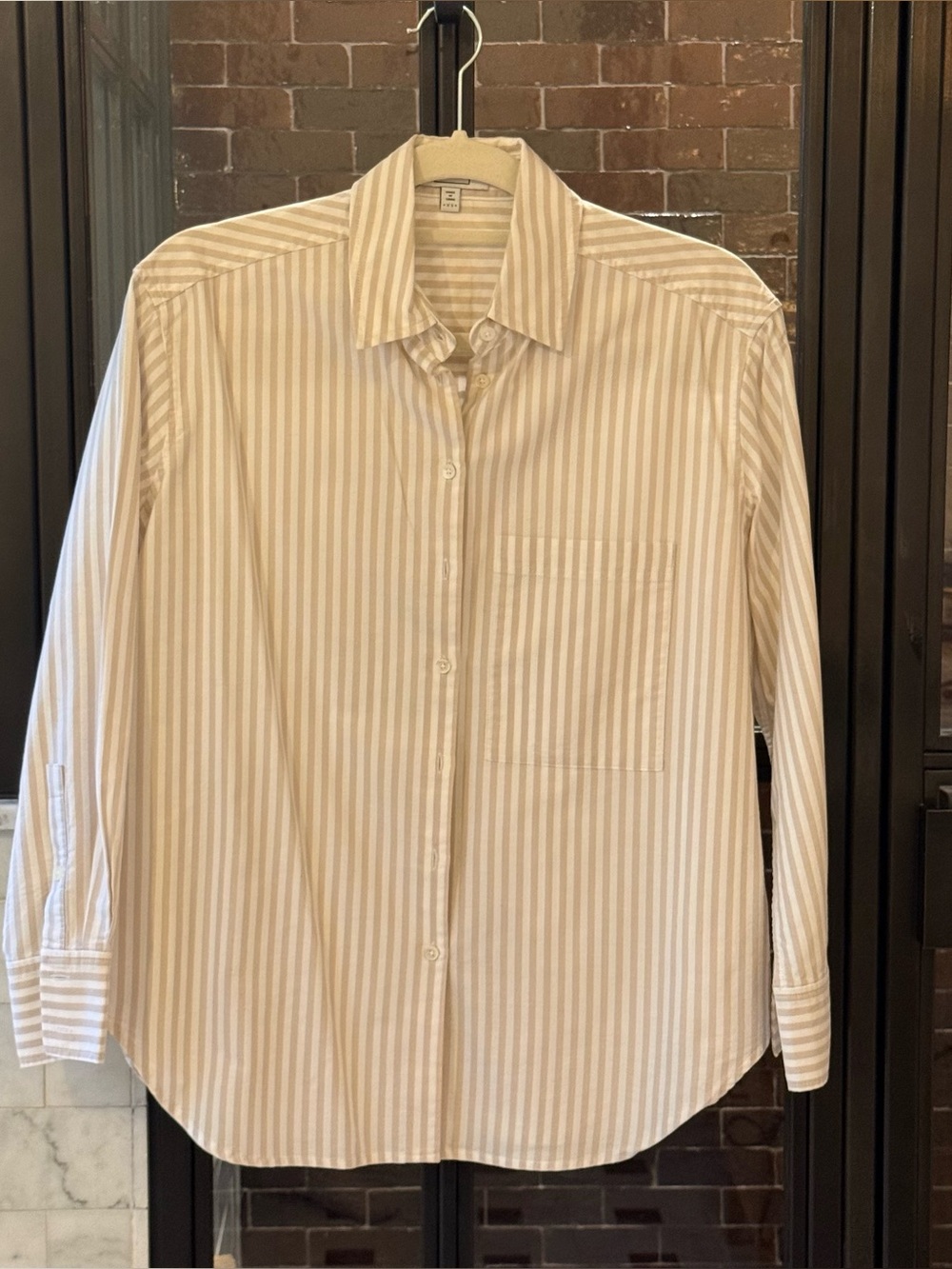 AYR The Deep End beige and white stripe cotton oxford shirt, size XS